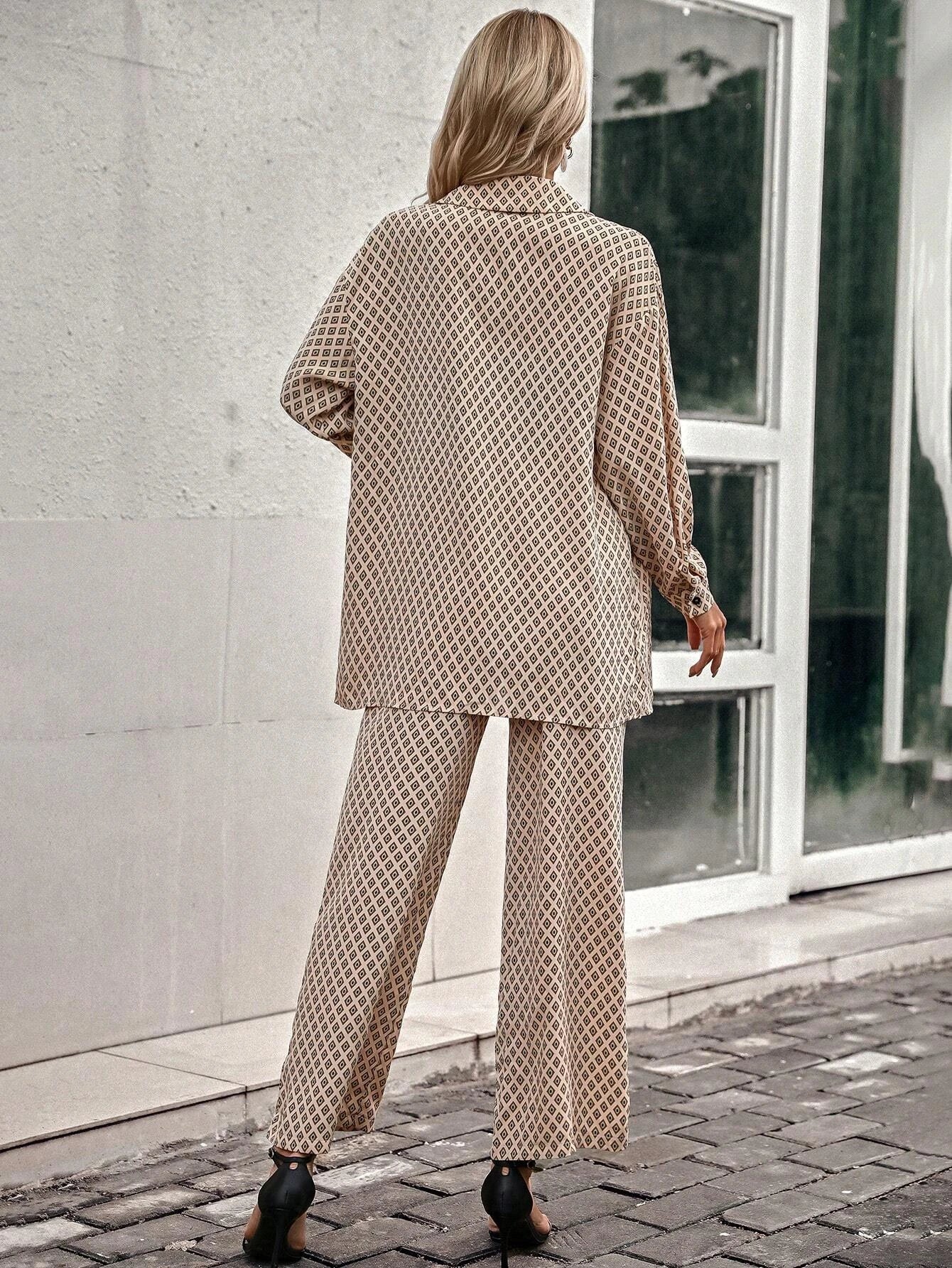 Priv� Argyle Print Drop Shoulder Blouse & Wide Leg Pants