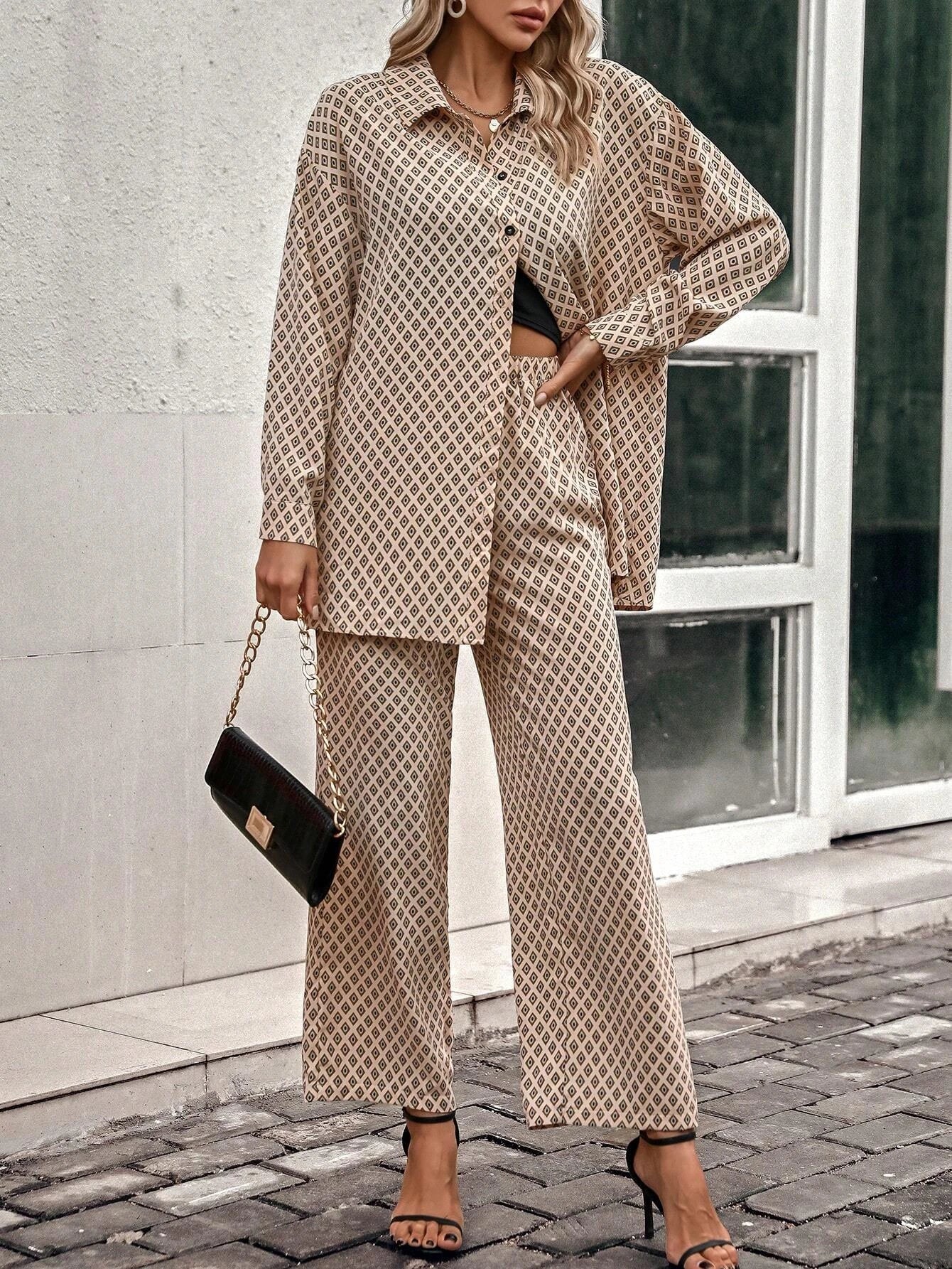 Priv� Argyle Print Drop Shoulder Blouse & Wide Leg Pants