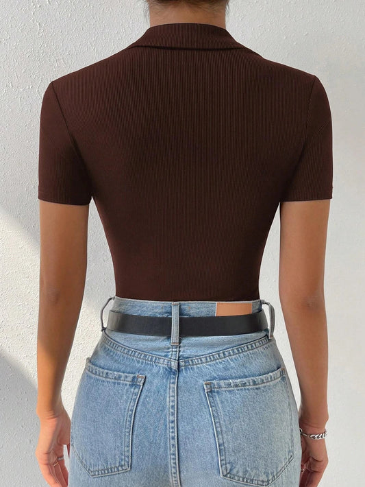 EZwear Polo Neck Ribbed Knit Bodysuit