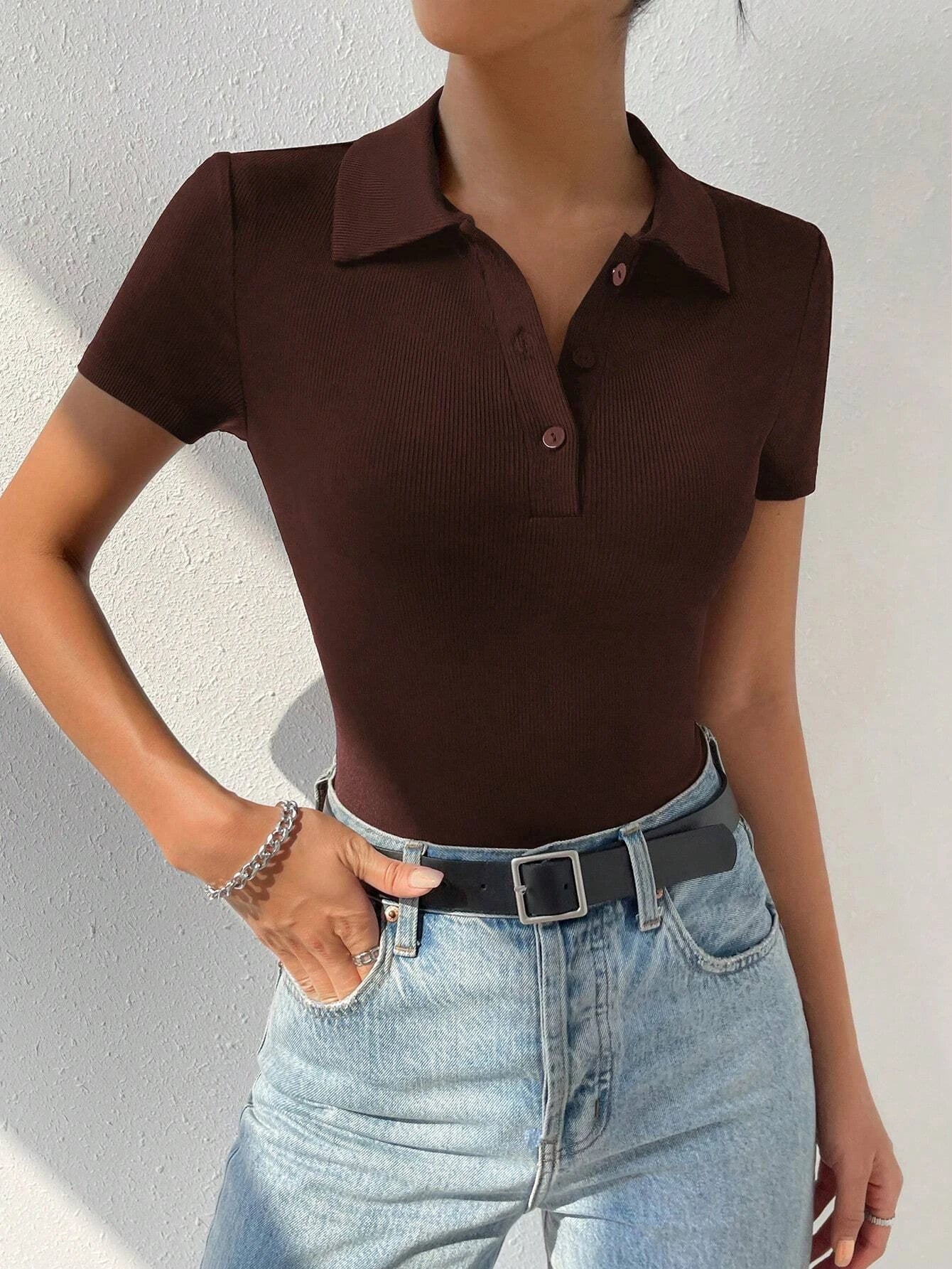 EZwear Polo Neck Ribbed Knit Bodysuit