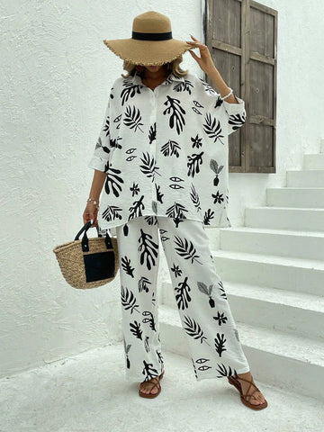 Plants Print Shirt & Wide Leg Pants