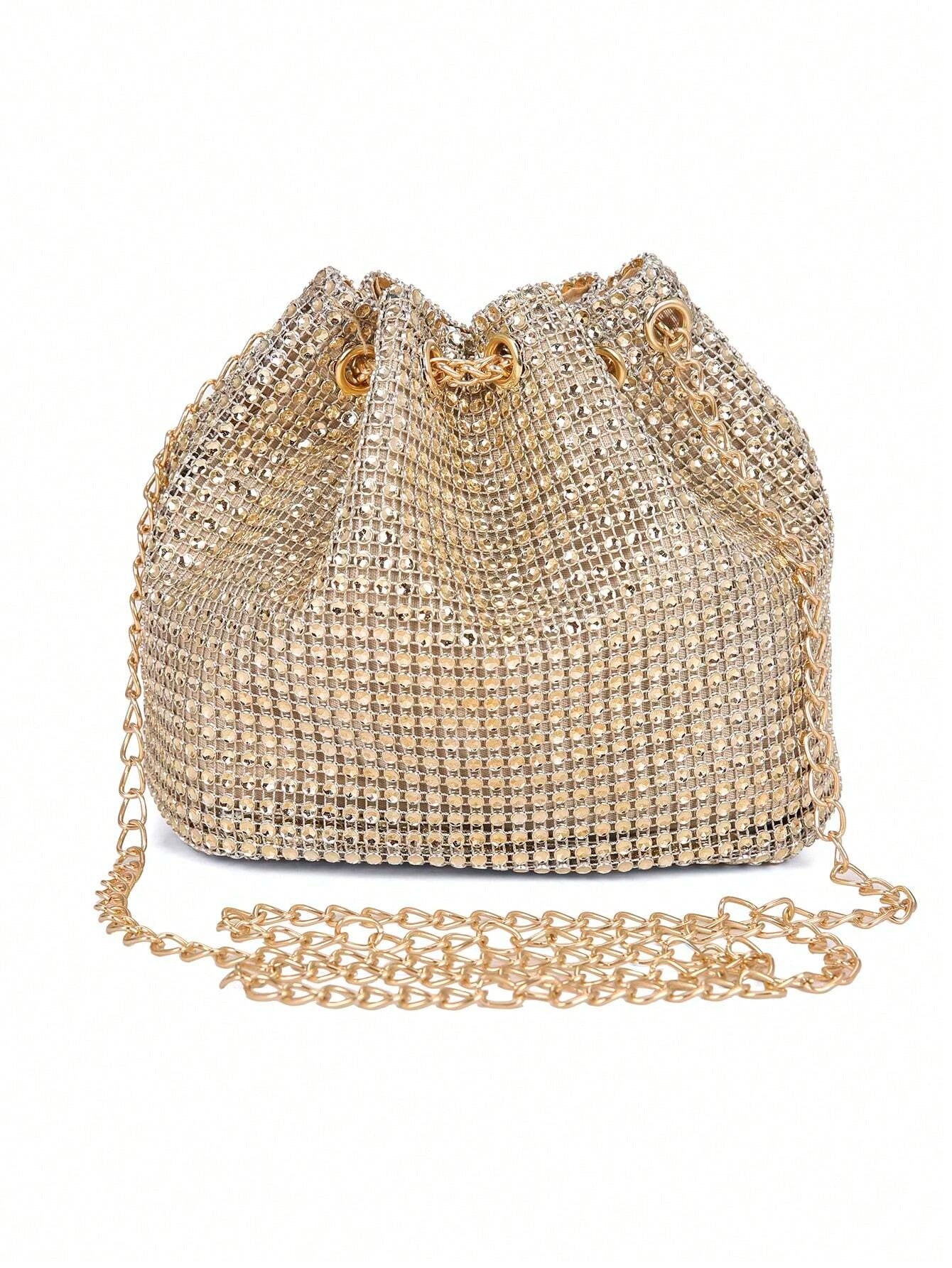 Lightweight,Business Casual Rhinestone Decor Bucket Bag