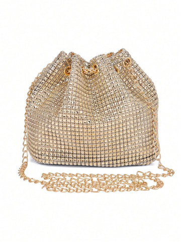 Lightweight,Business Casual Rhinestone Decor Bucket Bag