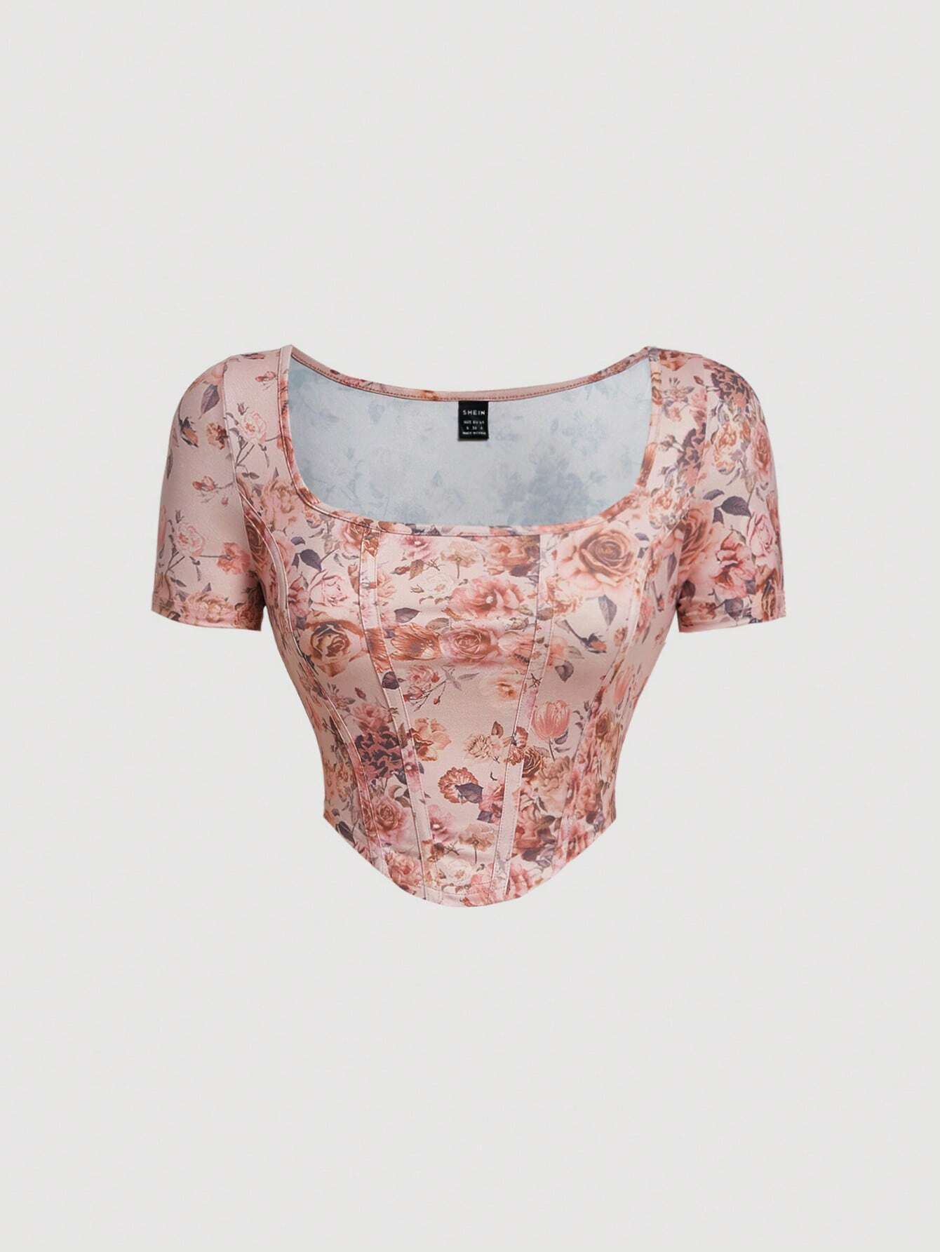 MOD Floral Print Curved Hem Crop Corset Structure Tee