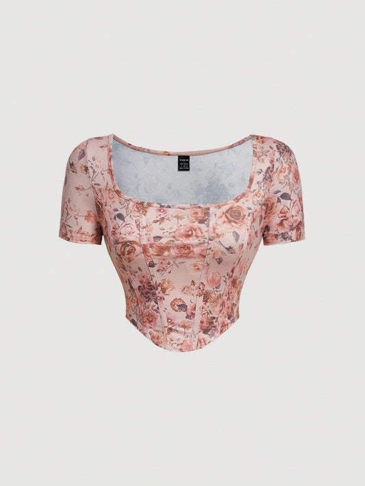 MOD Floral Print Curved Hem Crop Corset Structure Tee