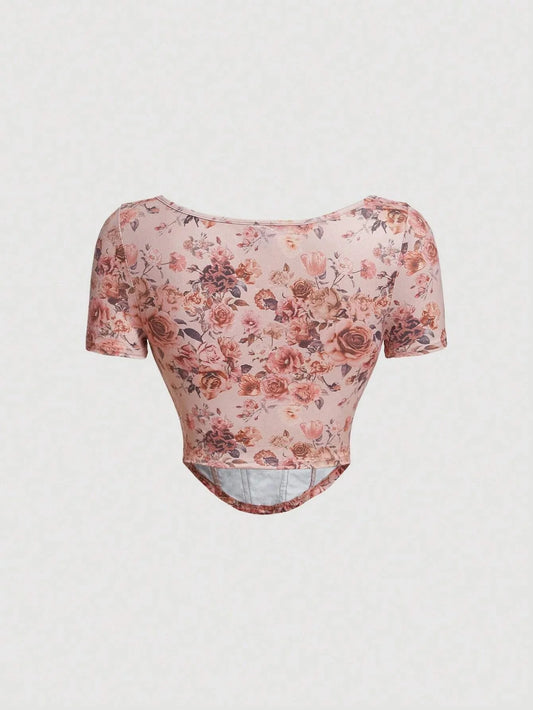MOD Floral Print Curved Hem Crop Corset Structure Tee