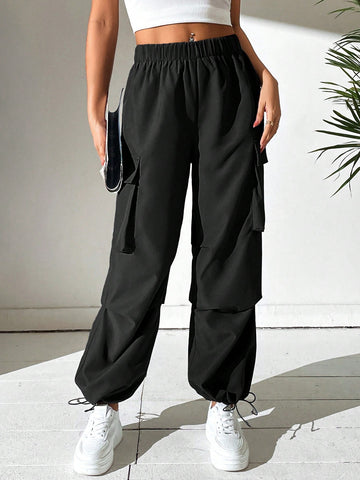 PETITE Elastic Waist Flap Pocket Side Cargo Pants