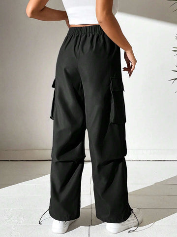 PETITE Elastic Waist Flap Pocket Side Cargo Pants