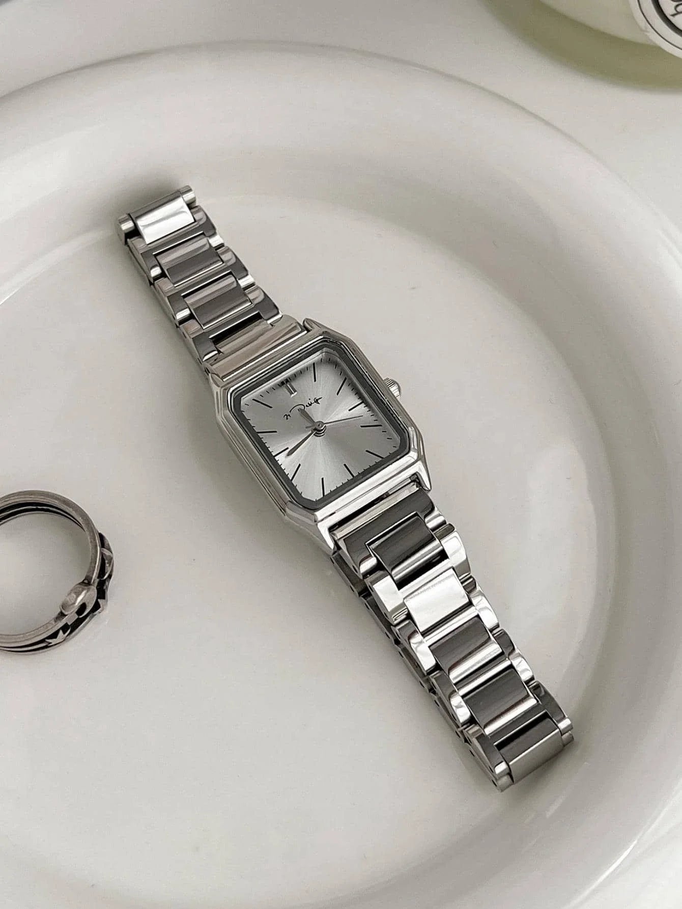 1pc Women Silver Stainless Steel Strap Casual Water Resistant Square Dial Quartz Watch
