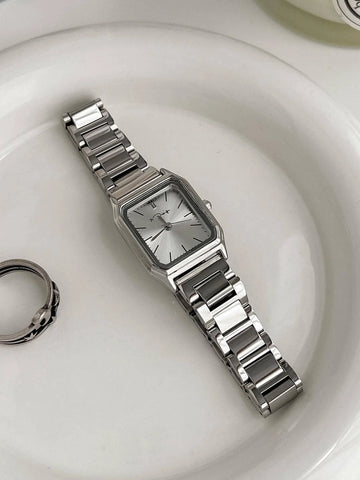 1pc Women Silver Stainless Steel Strap Casual Water Resistant Square Dial Quartz Watch