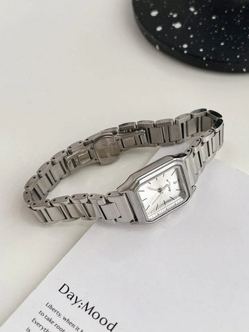 1pc Women Silver Stainless Steel Strap Casual Water Resistant Square Dial Quartz Watch