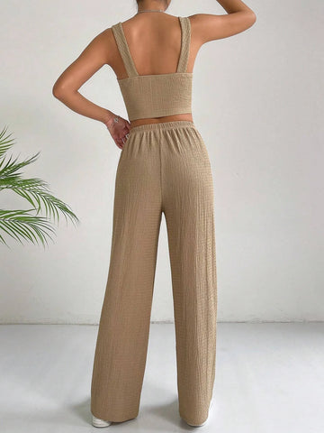 EZwear Solid Crop Cami Top & Wide Leg Pants