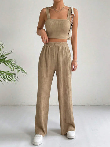 EZwear Solid Crop Cami Top & Wide Leg Pants