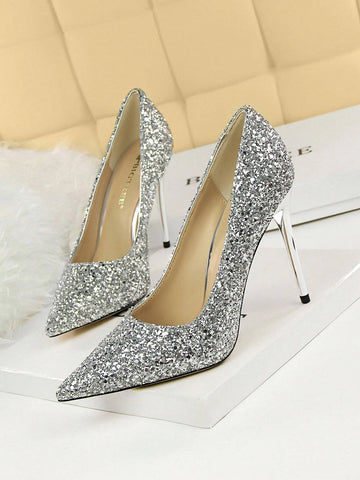 Women Glitter Decor Point Toe Stiletto Heeled Pumps