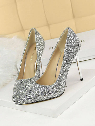 Women Glitter Decor Point Toe Stiletto Heeled Pumps