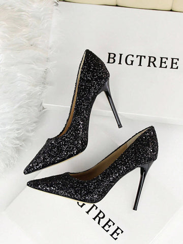 Women Glitter Decor Point Toe Stiletto Heeled Pumps