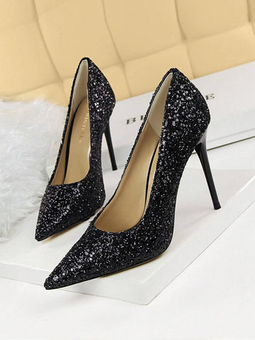 Women Glitter Decor Point Toe Stiletto Heeled Pumps