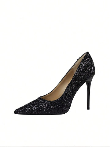 Women Glitter Decor Point Toe Stiletto Heeled Pumps