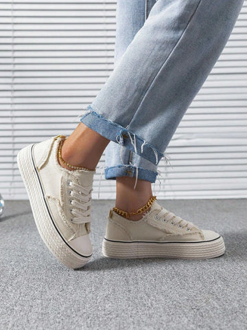 Women's Fashionable Versatile Spring/Summer Outdoor White Lace-Up Round Toe Canvas