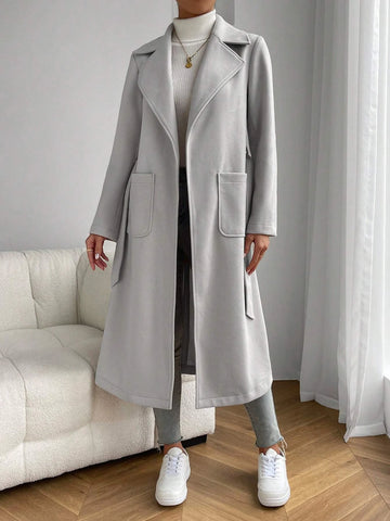 EZwear Apricot Lapel Neck Dual Pocket Belted Overcoat