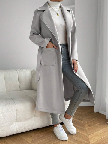 EZwear Apricot Lapel Neck Dual Pocket Belted Overcoat