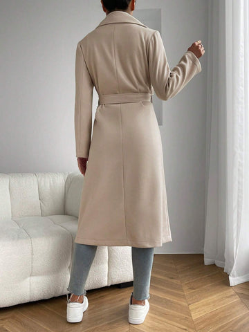 EZwear Apricot Lapel Neck Dual Pocket Belted Overcoat