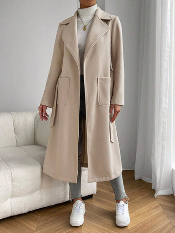 EZwear Apricot Lapel Neck Dual Pocket Belted Overcoat