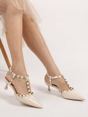 Women Studded Decor Point Toe Pyramid Heeled Slingback Pumps