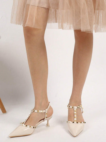 Women Studded Decor Point Toe Pyramid Heeled Slingback Pumps