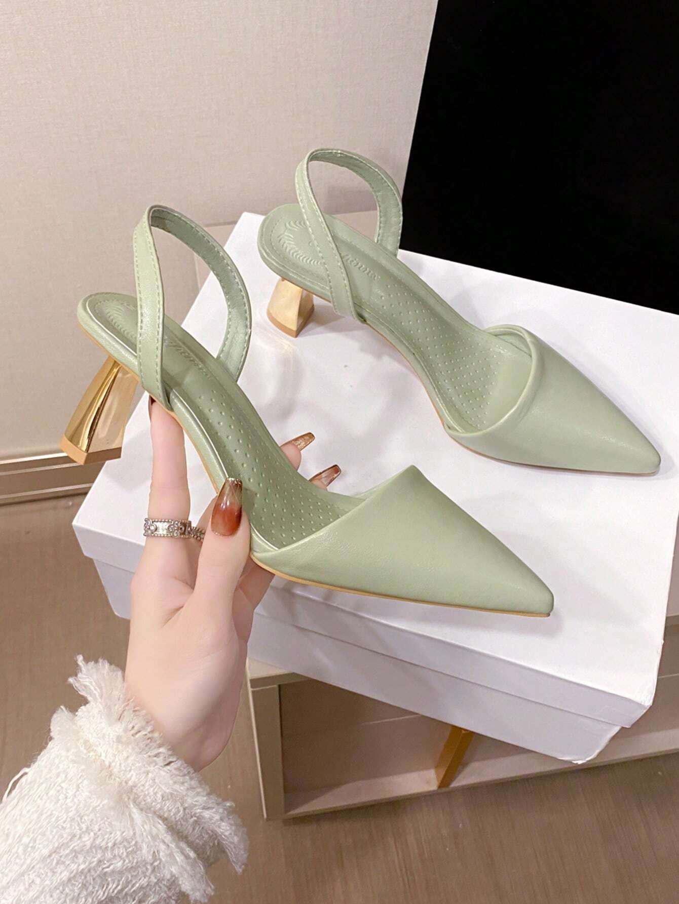 Women Minimalist Slingback Pumps, Point Toe Sculptural Heeled Fashion Pumps