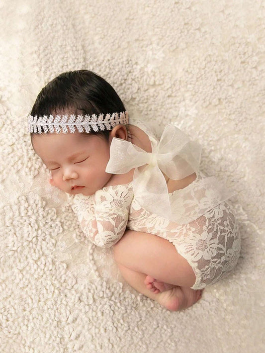 Baby Girl Newborn Photography Bow Back Bodysuit With Headband