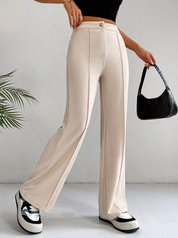 EZwear Classical Apricot High Waist Seam Detail Straight Leg Pants