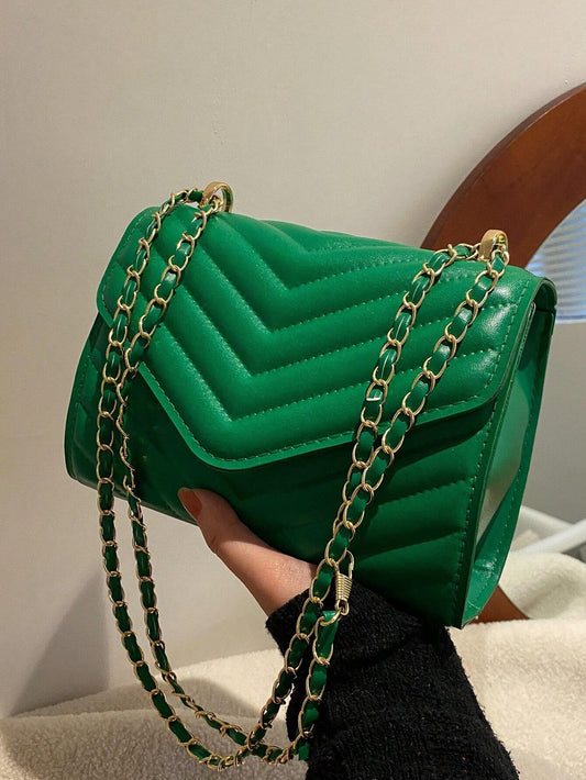 Mini Flap Square Bag Quilted Pattern Minimalist Green