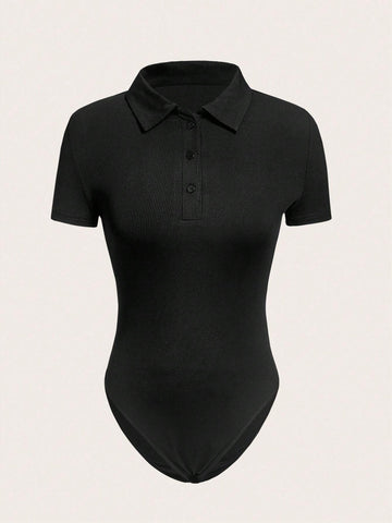EZwear Polo Neck Ribbed Knit Bodysuit