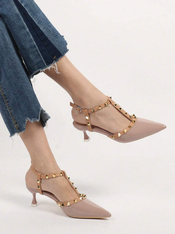 Women Studded Decor Point Toe Pyramid Heeled Slingback Pumps