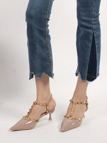 Women Studded Decor Point Toe Pyramid Heeled Slingback Pumps