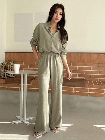 DAZY Solid Button Front Shirt & Flare Leg Pants