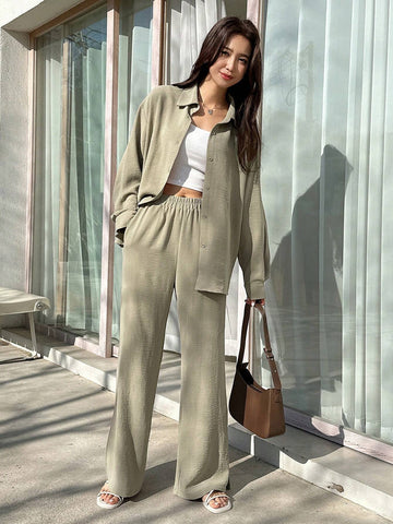 DAZY Solid Button Front Shirt & Flare Leg Pants