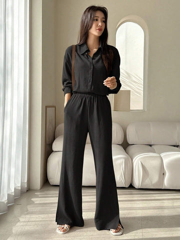 DAZY Solid Button Front Shirt & Flare Leg Pants