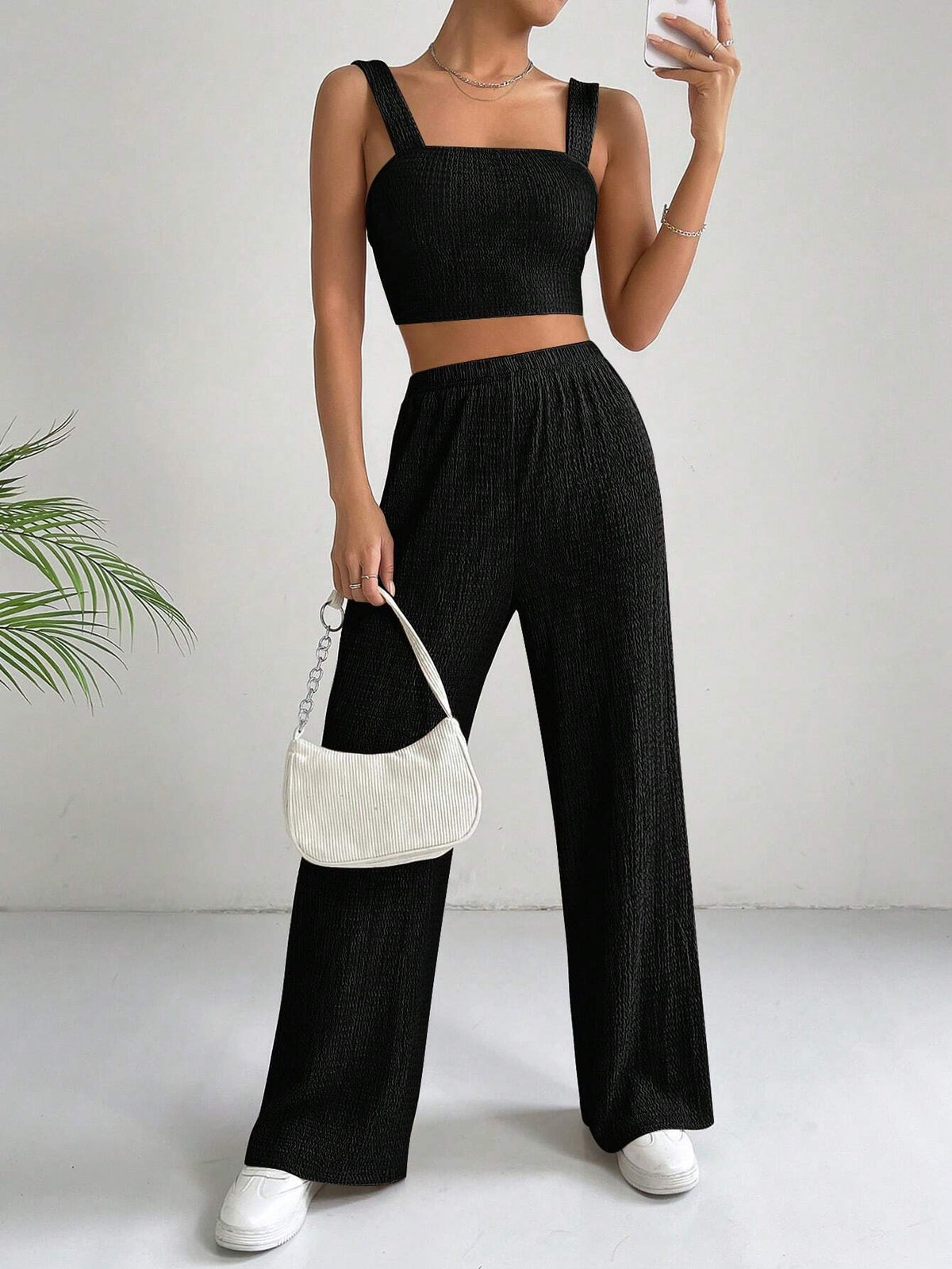 EZwear Solid Crop Cami Top & Wide Leg Pants