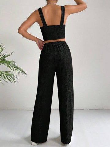 EZwear Solid Crop Cami Top & Wide Leg Pants