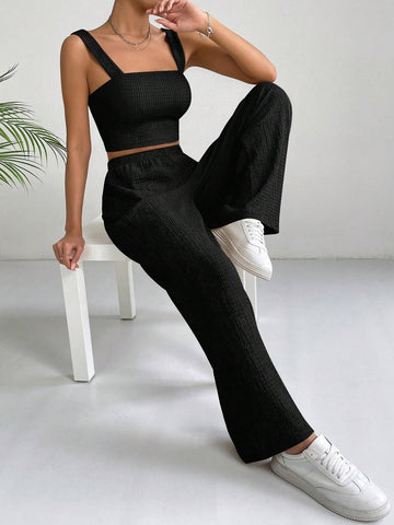 EZwear Solid Crop Cami Top & Wide Leg Pants