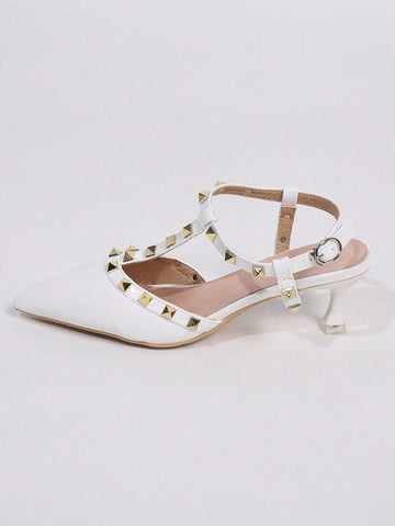 Women Studded Decor Point Toe Pyramid Heeled Slingback Pumps