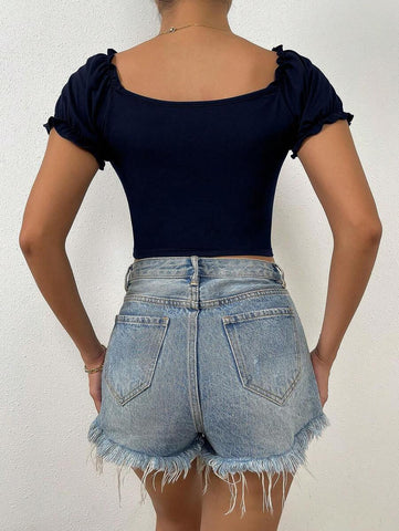 Rafferiza Sweetheart Neck Ruched Frill Trim Puff Sleeve Crop Tee