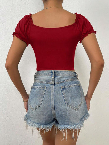 Rafferiza Sweetheart Neck Ruched Frill Trim Puff Sleeve Crop Tee