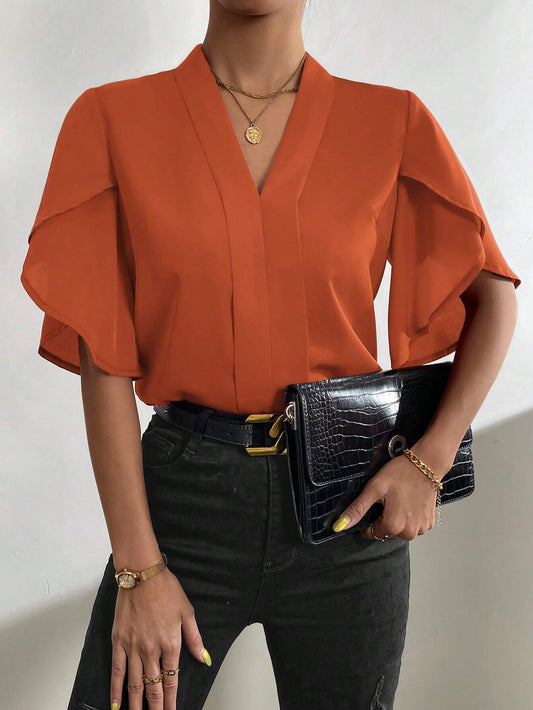 Clasi Solid Petal Sleeve V Neck Blouse