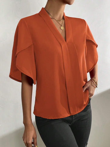 Clasi Solid Petal Sleeve V Neck Blouse