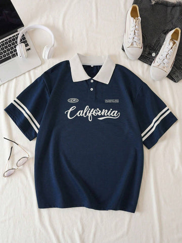Letter Graphic Contrast Collar Tee Graphic Tees