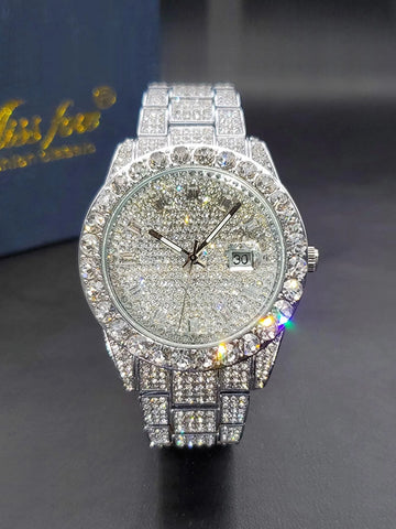 1pc silver Zinc Alloy Strap Glamorous Rhinestone Decor Water Resistant Date Round Dial Quartz Watch