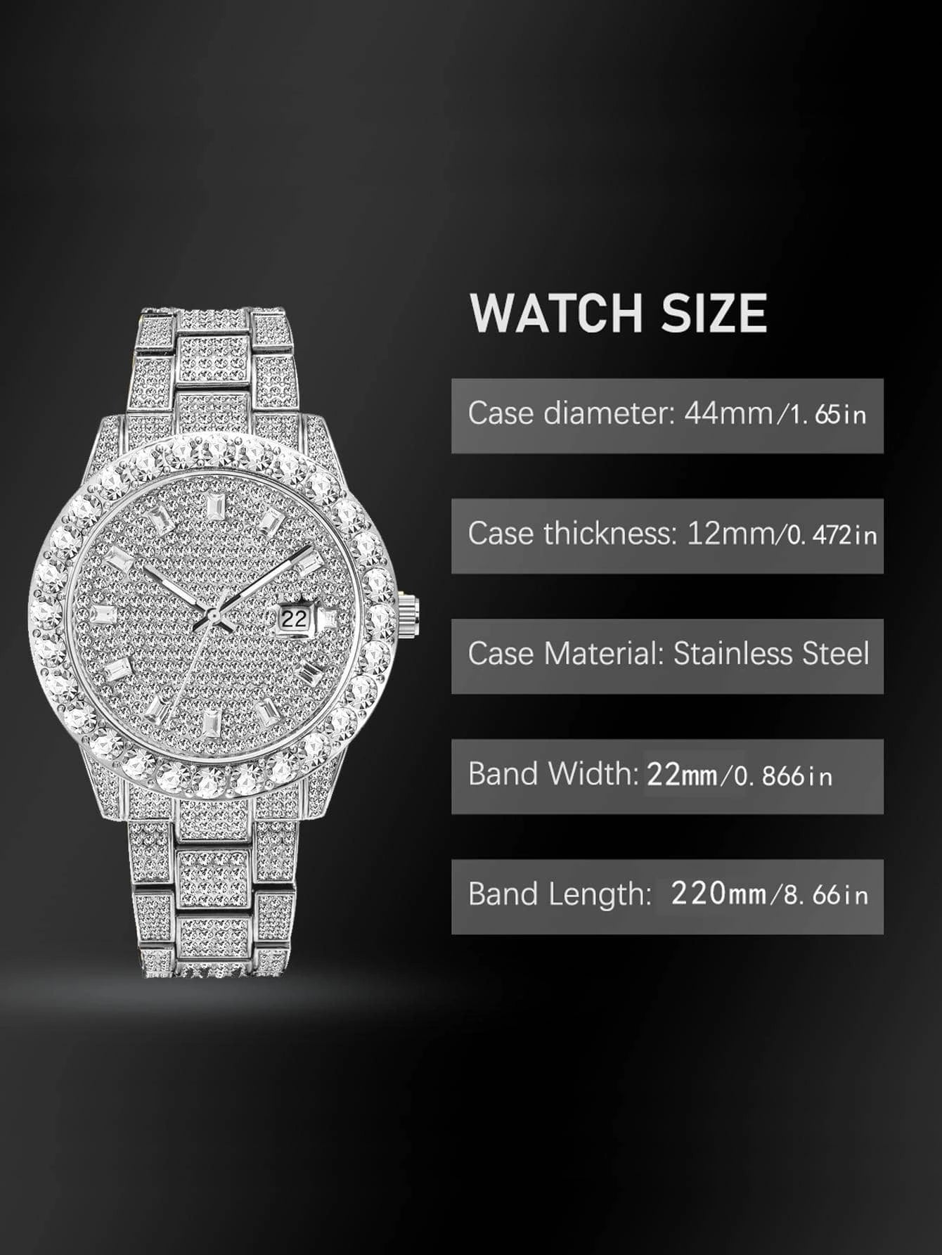 1pc silver Zinc Alloy Strap Glamorous Rhinestone Decor Water Resistant Date Round Dial Quartz Watch